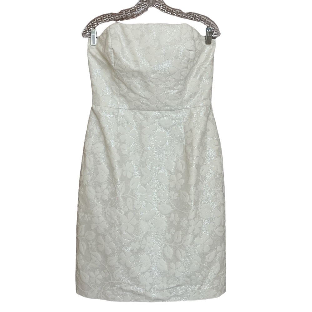 Lilly Pulitzer off white floral strapless tube metallic cocktail mini dress